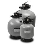A trio of Emaux V series sand filters, each in grey bobbin wound material with side mount valve connection and white valves.