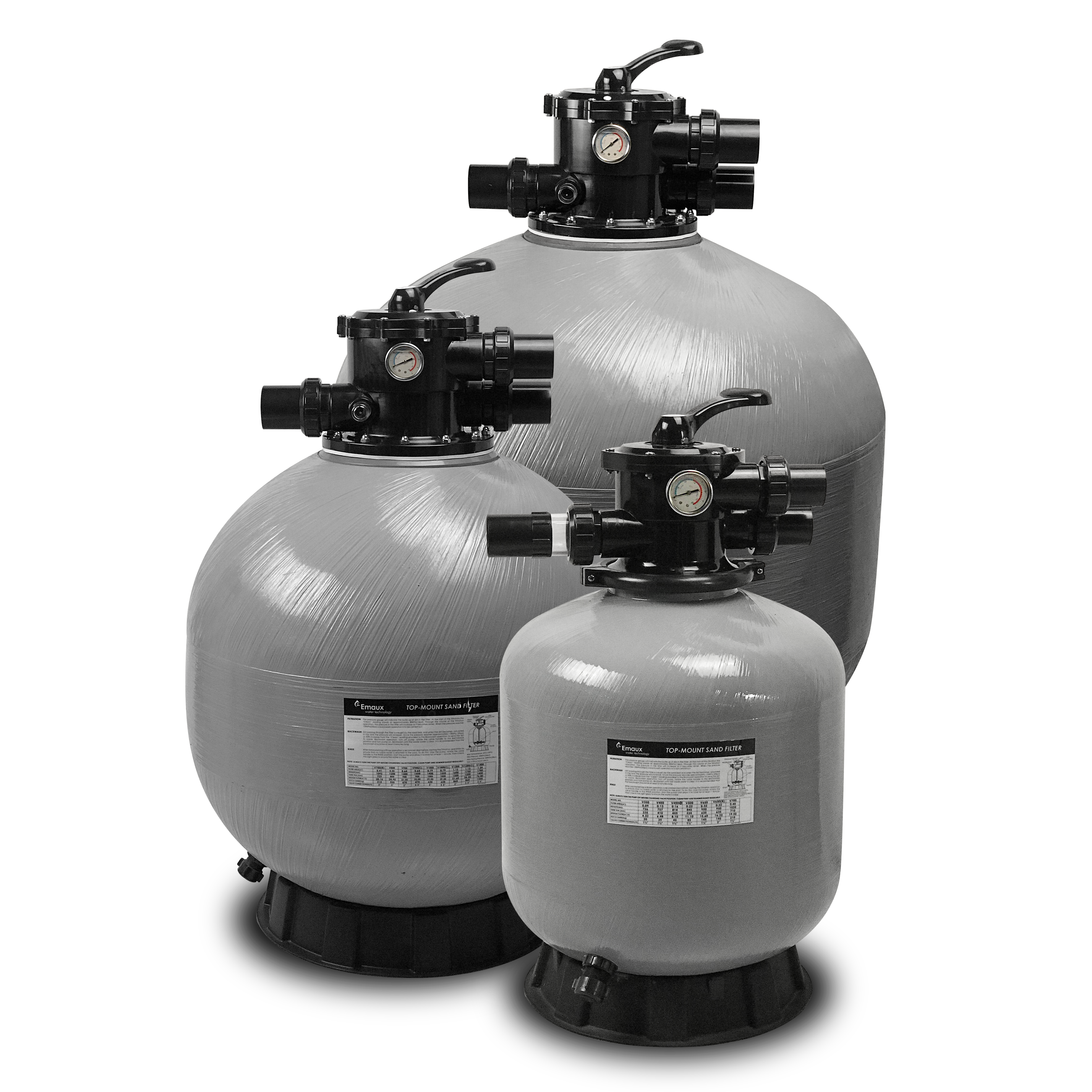 Family of 3 sand filters, each in grey-coloured bobbin wound material, top mount valve connection, black union connections, and black-coloured valves