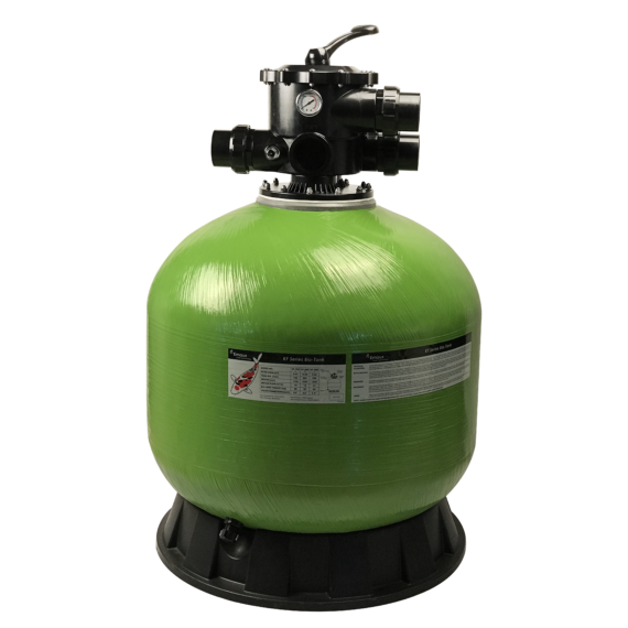 Emaux LF series filter for biological filtration. Green tank in bobbin wound reinforced fiberglass material and 2-inch top mount valve.