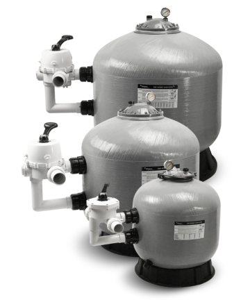 A trio of Emaux S series sand filters, each in grey bobbin wound material with side mount valve connection and white valves.