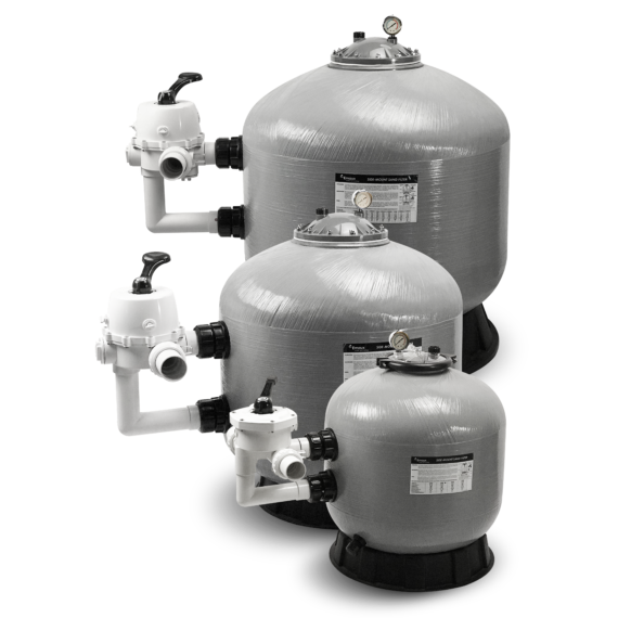 Family of 3 sand filters, each in grey-coloured bobbin wound material, side mount valve connection, black union connections, and white coloured valves