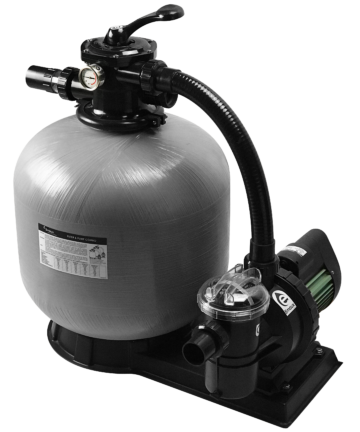 Emaux FSF series filter system with a bobbin-wound fiberglass sand filter, top mount valve, and circulation pump.