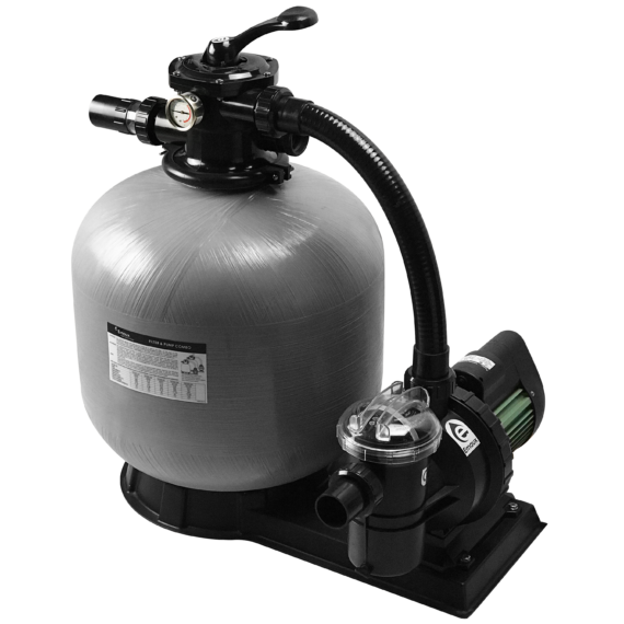 Emaux FSF series filter system with a bobbin-wound fiberglass sand filter, top mount valve, and circulation pump.