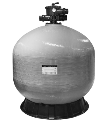 Emaux V series sand filter in grey bobbin wound reinforced fiberglass material and top mount connection with black valve attached.
