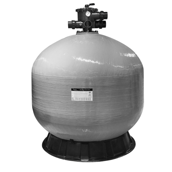 Emaux V series sand filter in grey bobbin wound reinforced fiberglass material and top mount connection with black valve attached.
