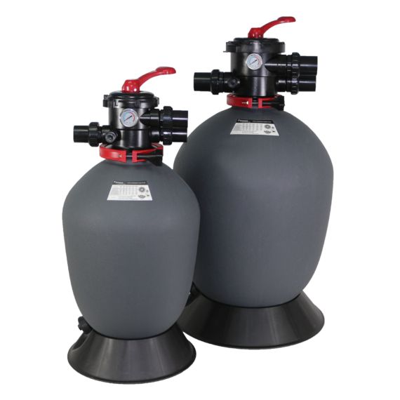 Grey-coloured plastic-body tall sand filters equipped with black top-mount valves with red handles and clamp lock