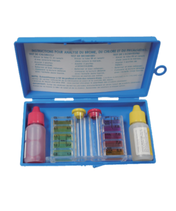 Contents within Emaux's blue-coloured text kit box. Displays 1 tube of phenol red, 1 tube of OTO solution, and lucite cells with color codes for comparison