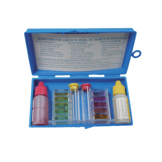Contents of Emaux 2-in-1 CE031 Test Kit. They include: phenol red pH solution, yellow OTO solution, lucite cells for color comparison, all in a blue test kit box.