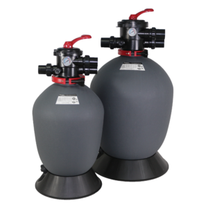 Emaux Volumetric sand filter in HDPE material with black top mount valves, red handles and clamp lock.