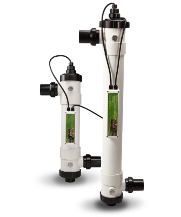 A pair Emaux FOS series UV-C disinfection system for fish ponds and aquaculture