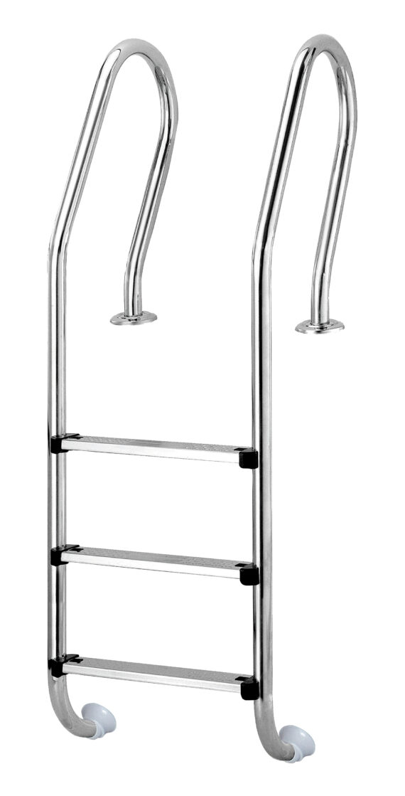 Stainless steel flange-type ladder with round, slanted handles