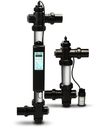 A pair of Emaux NT-UV series stainless steel UV-C disinfection systems for pools