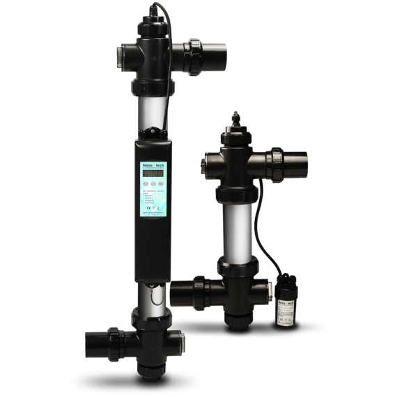 A pair of Emaux NT-UV series stainless steel UV-C disinfection systems for pools