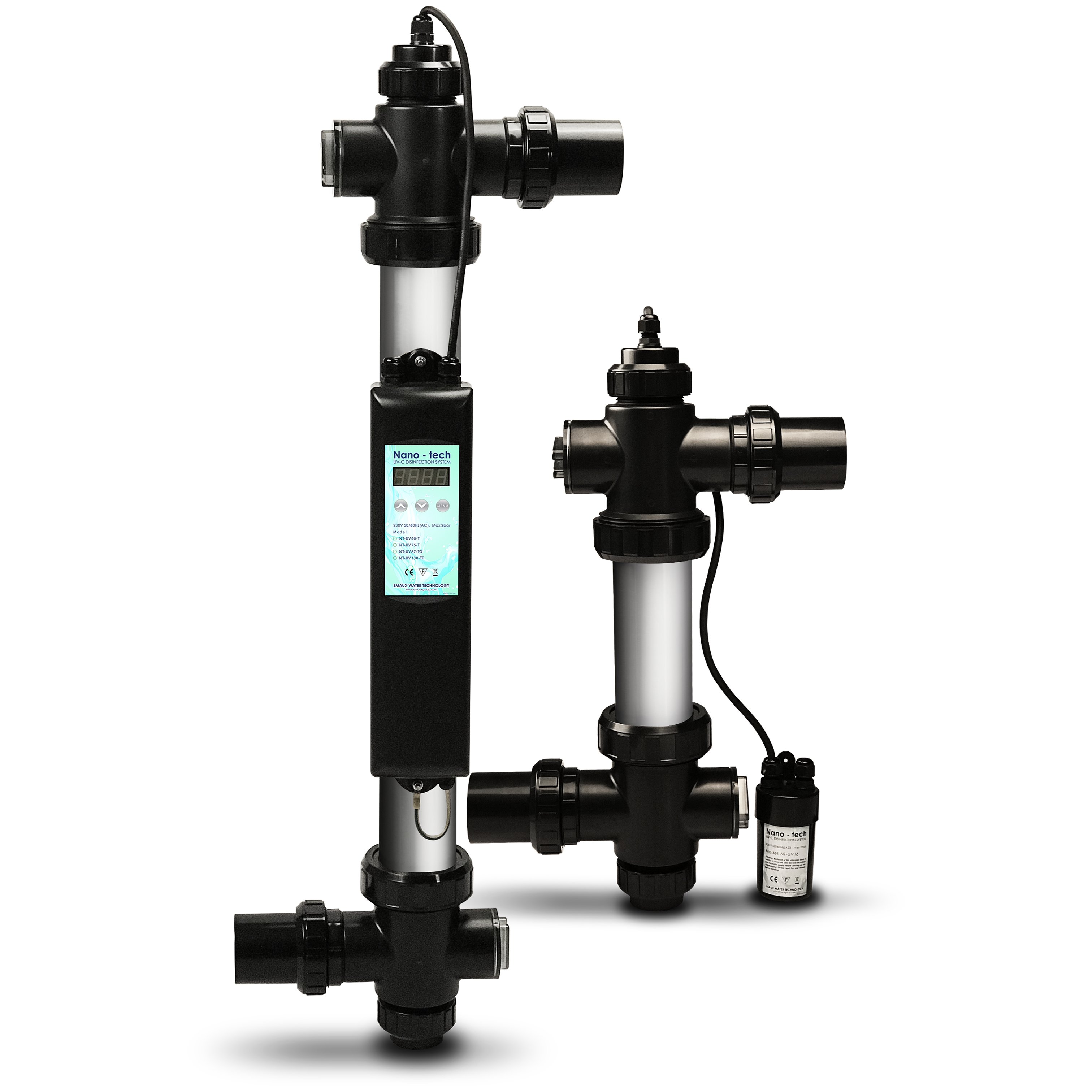 A pair of Emaux NT-UV series stainless steel UV-C disinfection systems for pools