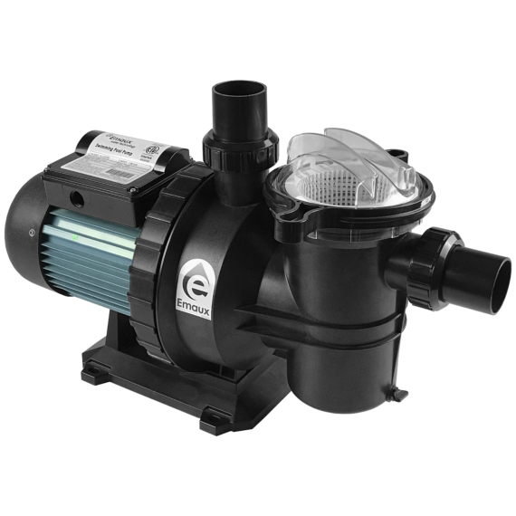 Black in colour pump with pre-filter, white basket in pre-filter, Emaux logo on impeller housing exterior, turquoise-coloured motor housing