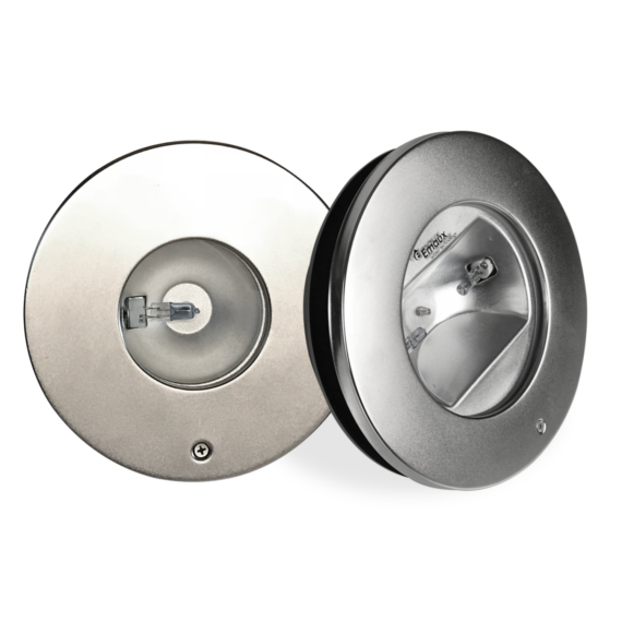 A pair of Emaux UL-H100 and UL-H200 halogen underwater light series which comes with stainless steel face ring, for wall mounting.