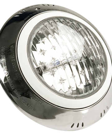 Emaux NS150 halogen underwater light with stainless steel face ring, for wall mounting.