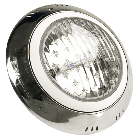 Emaux NS150 halogen underwater light with stainless steel face ring, for wall mounting.