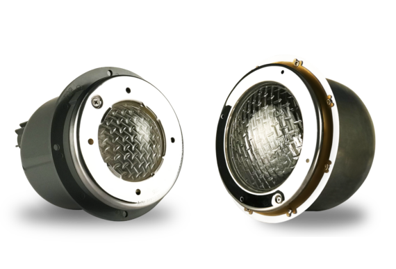 A pair of Emaux S300 and S100 series halogen underwater light version, which comes with stainless steel face ring and housing.
