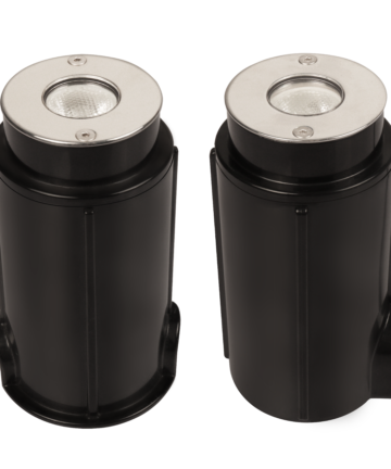 Two small, cylindrical-shaped lights with stainless steel face ring with black-coloured ABS plastic housing