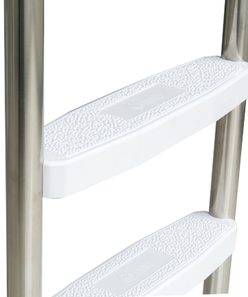 White-coloured plastic ladder steps with Emaux brand etched in middle