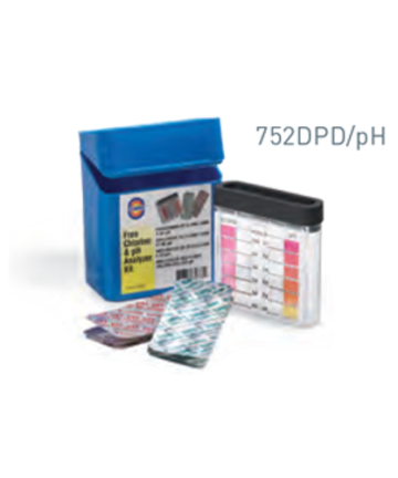 Preview of test kit. Includes blue-colored box, foiled strips of pH and DPD tablets, and lucite cell for color comparisons.