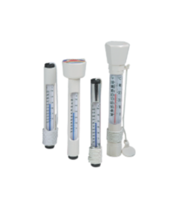A group of Pentair pool thermometers in variation of tube version, chrome brass, floating version, and combo sink or float thermometers.