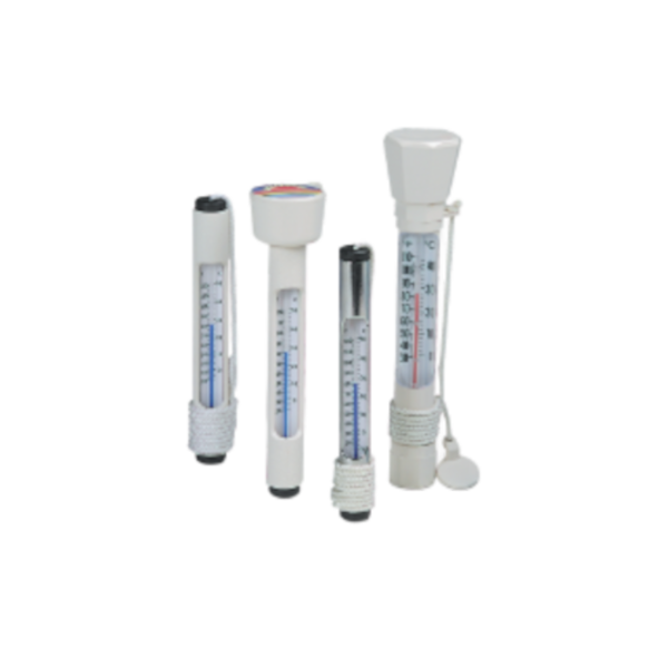 A group of Pentair pool thermometers in variation of tube version, chrome brass, floating version, and combo sink or float thermometers.
