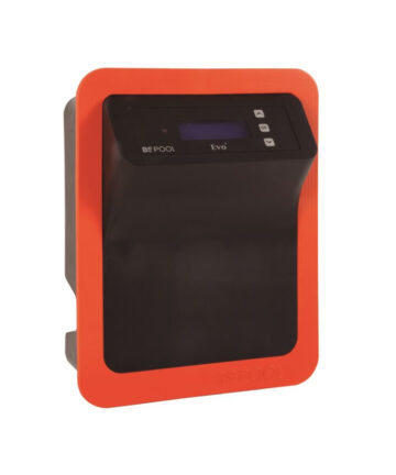 BSV EVOBASIC salt chlorinator main unit which has a digital display, buttons to toggle, and orange outline.