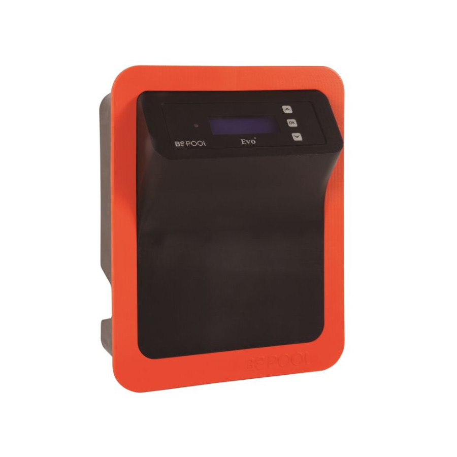 BSV EVOBASIC salt chlorinator main unit which has a digital display, buttons to toggle, and orange outline.