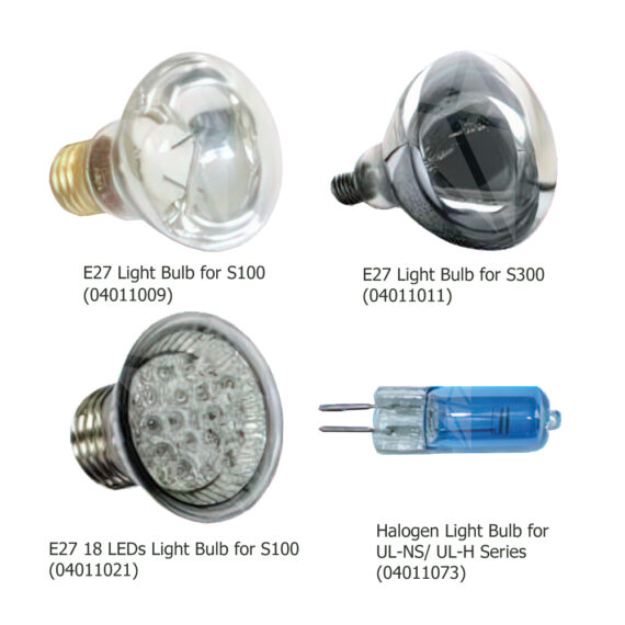 Clockwise from top left: Emaux E27 100W halogen bulb for S100/12V series, Emaux E27 300W/12V halogen bulb for S300 series, Emaux 75W/12V halogen bulb for UL-S/UL-H series, and Emaux E27 1W/12V 18 LEDs bulb for S100 series.