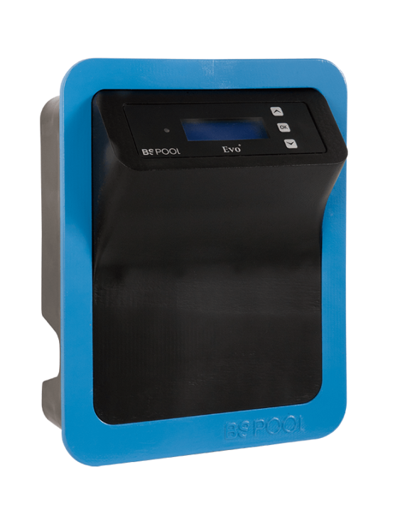 BSV EVOBASIC MG magnesium salt chlorinator main unit that has a digital display, buttons to toggle, and blue outline.