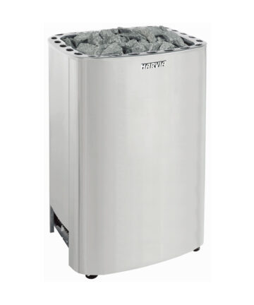 Stainless steel heater standing vertically with grey stones loaded from the top. Stones are sold separately