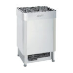 Vertically-standing, sleek rectangular-boxed stainless steel heater with open top for heating stones.