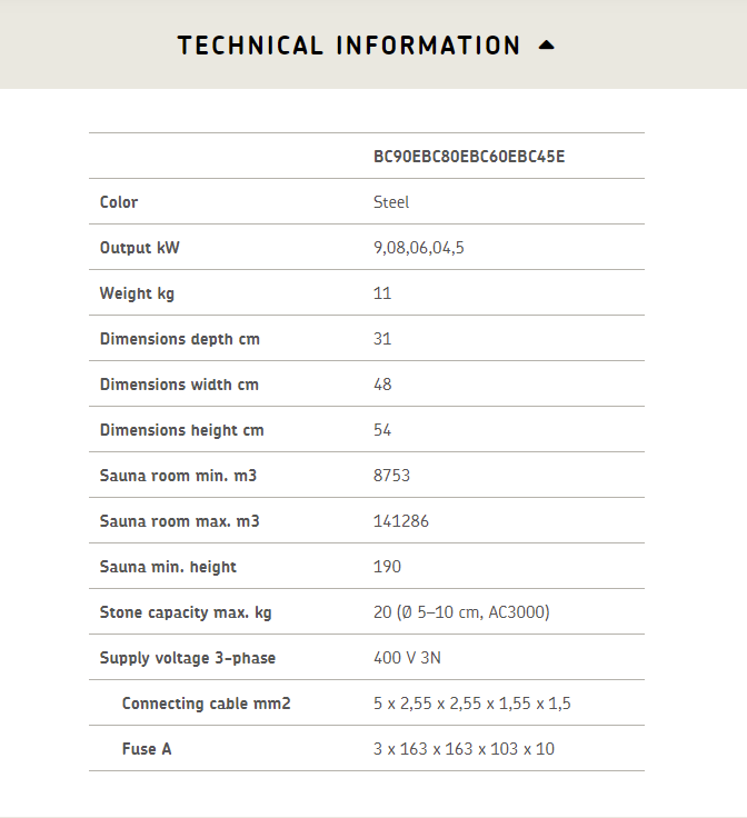 Harvia-Vega-heater-specification Technical data table of Harvia Vega series electric sauna heater.