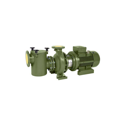 Horizontal centrifugal pump in green-colored-coated body with prefilter attached