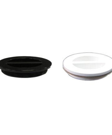 Pentair 1.5" black and white wall plugs side by side, model 552614 and 552612