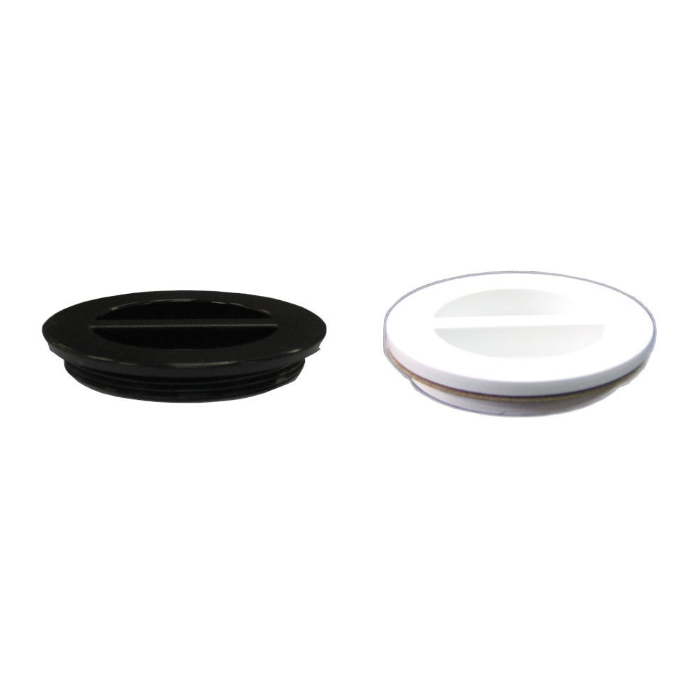 Pentair 1.5" black and white wall plugs side by side, model 552614 and 552612