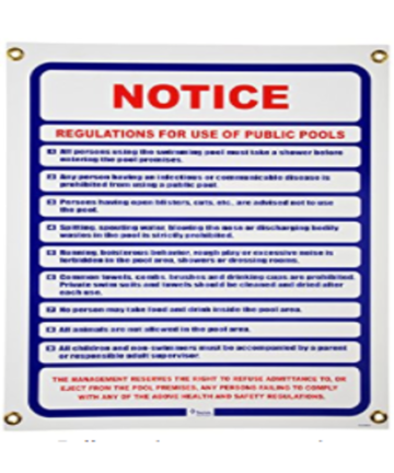 Pentair Rainbow R230800 Public Pool Use Notice Sign in size 18-inch x 24-inch.