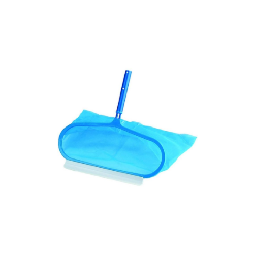 Pentair Rainbow model no 117 leaf rake with blue-coloured large volume net, ABS frame and handle, and detachable white-colored squeegee strip on one side of frame