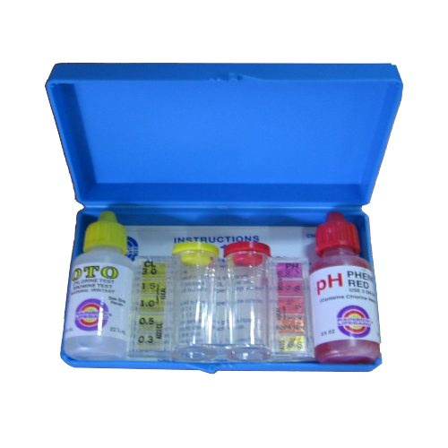 Preview of content within blue coloured box of the test kit. Shows 1 oz. yellow-bottled OTO solution, 0.5 oz red-bottle OTO solution, 0.5 lucite cell with color readings for comparison