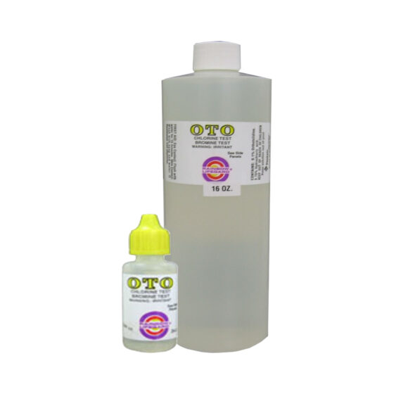 A pair of Pentair Rainbow OTO (Orthotolidine) solutions in 0.5 oz and 16 oz bottles