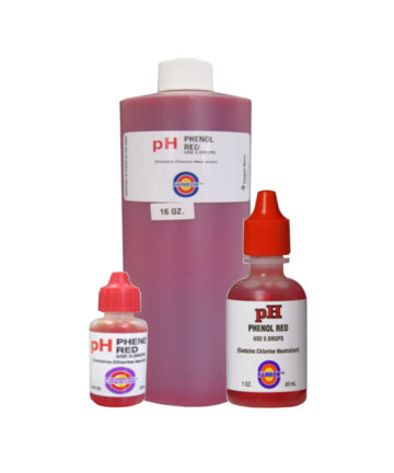 A trio of Pentair Rainbow phenol red solutions in 0.5 oz, 1 oz, and 16 oz bottles