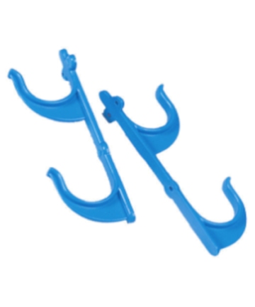 Blue-coloured vertically attached hooks to hold 2 poles