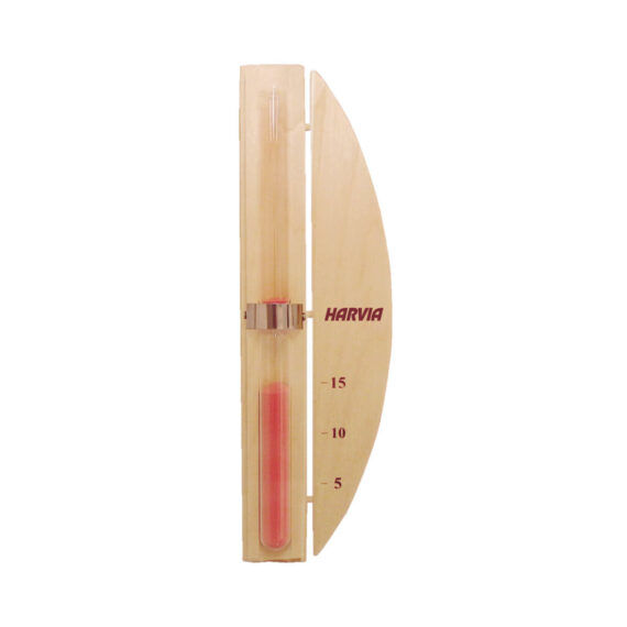 Sauna clock which uses sand to tell the time. Sand is pinkish in colour in a transparent glass tube. The whole set is backed by wooden material with etchings on it telling how much time has passed, in 5min, 10min, 15min intervals.