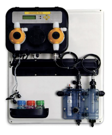 White control panel complete with black dosing pumps, probe holders and probes, and buffer solutions