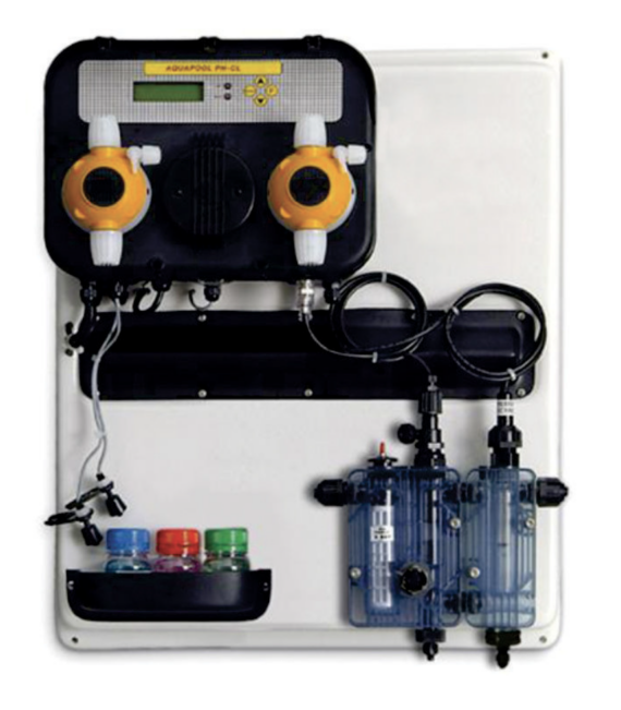 White control panel complete with black dosing pumps, probe holders and probes, and buffer solutions