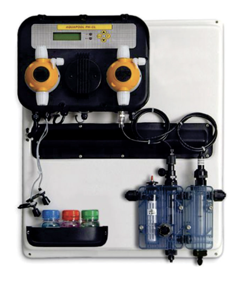 Aqua-Spa-ADPS201-dosing-control-panel Aqua Spa ADPS201 control panel which consists of dosing pumps, probe holders and probes, and buffer solutions.