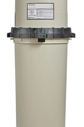 Pentair Clean and Clear Cartridge filter in beige fiberglass reinforced tank with black-coloured lock rings.
