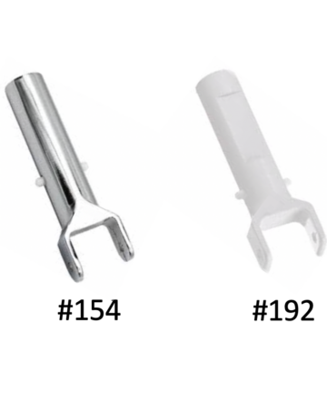 Pentair #154 (in chrome finish) and #192 (in white plastic) Snap-Adapt Handles side by side.
